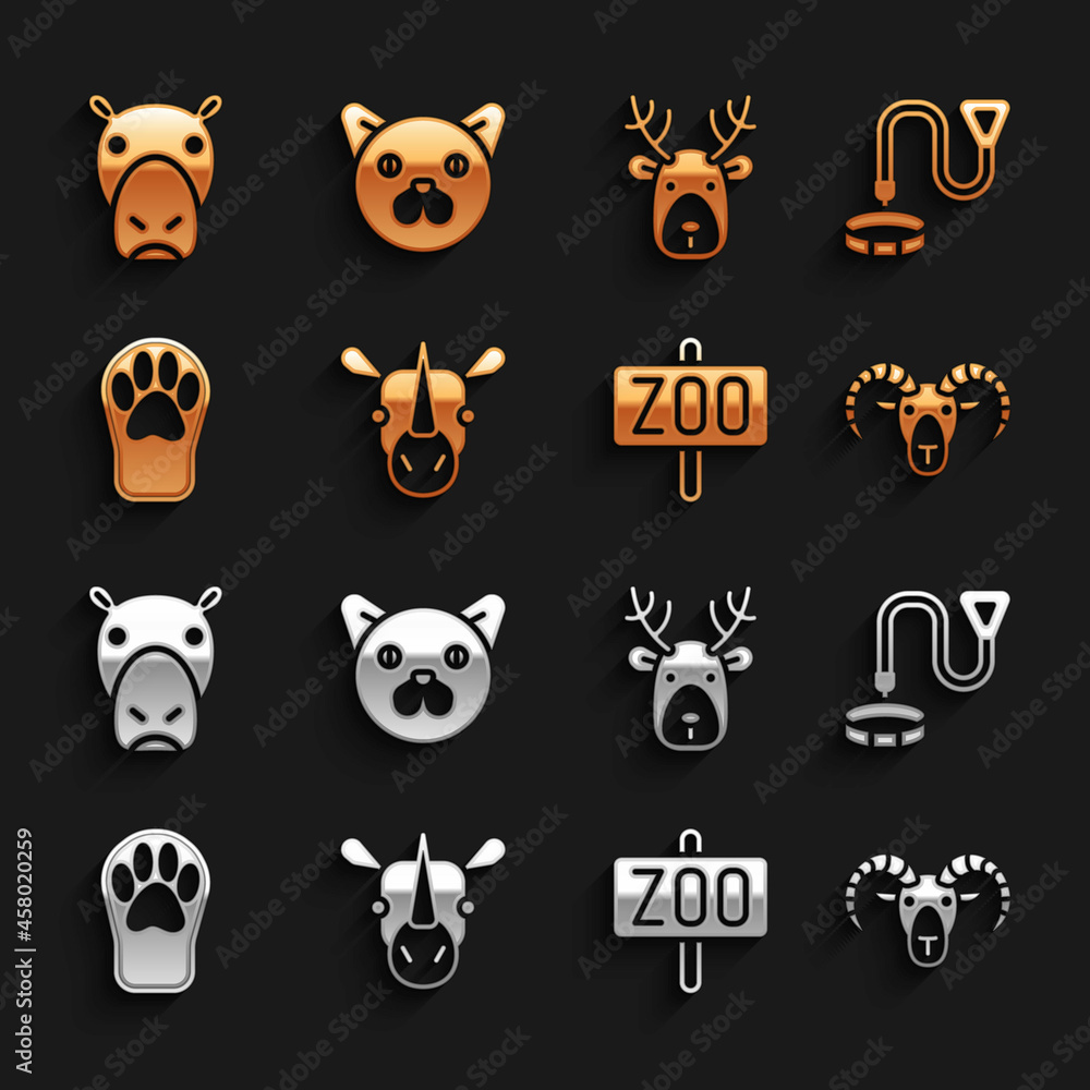 Set Rhinoceros, Collar with name tag, Head of goat or ram, Zoo park, Paw print, Deer head antlers, H