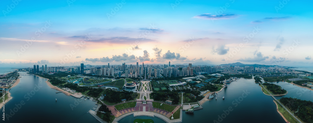 航拍中国日照城市建筑景观海岸线