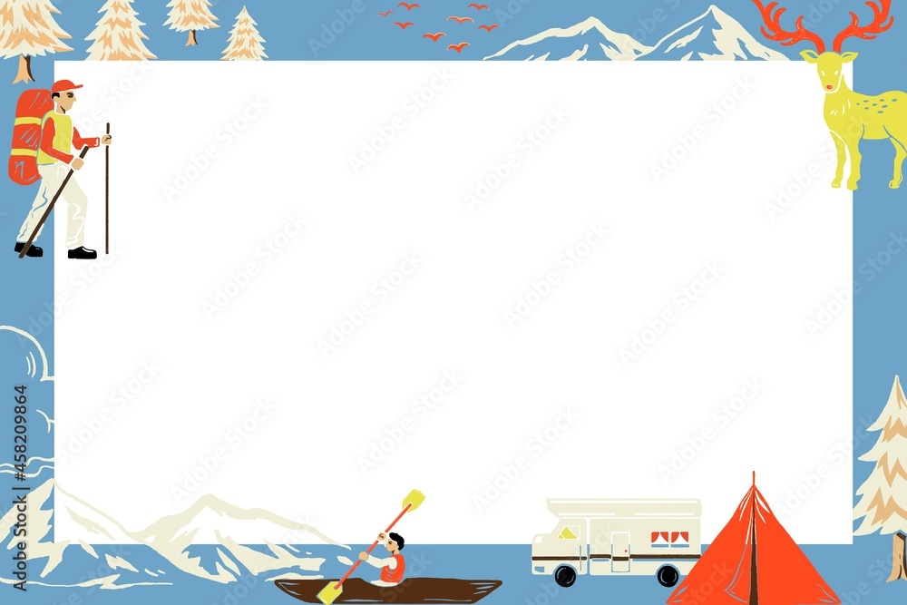 带旅游卡通插图的矩形露营旅行蓝色框架矢量