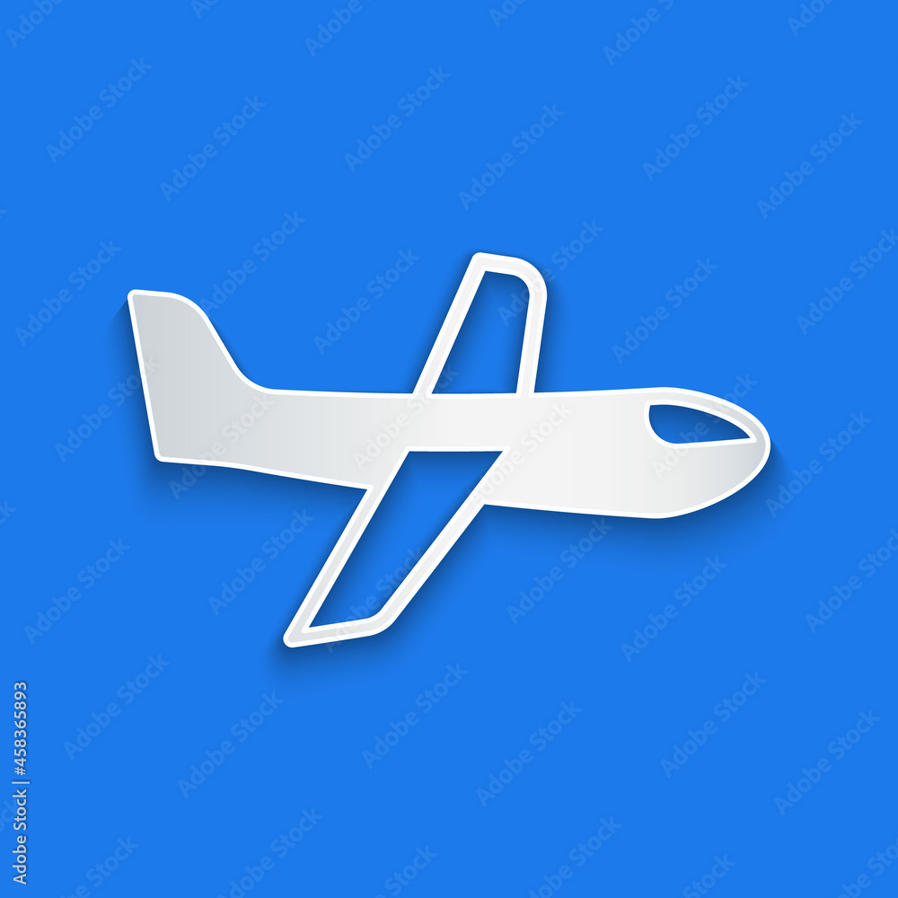 蓝色背景上隔离的剪纸飞机图标。飞行飞机图标。航空公司标志。纸艺术圈