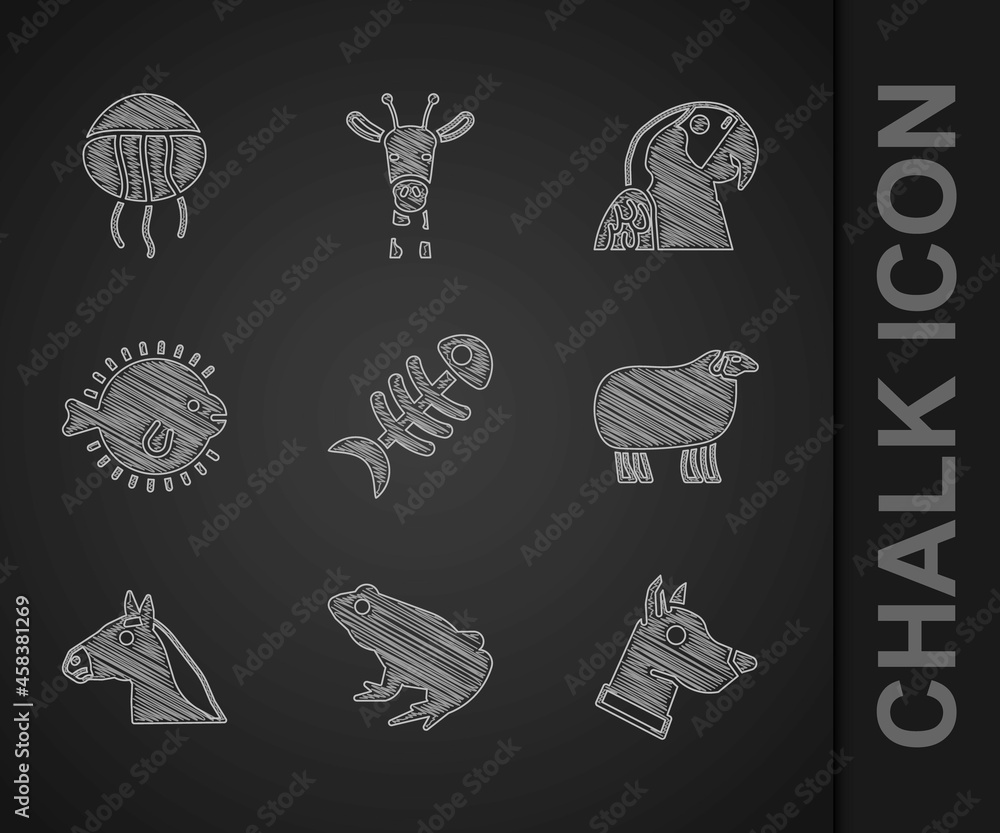 Set Fish skeleton, Frog, Dog head, Sheep, Horse, Puffer fish, Macaw parrot and Jellyfish icon. Vecto