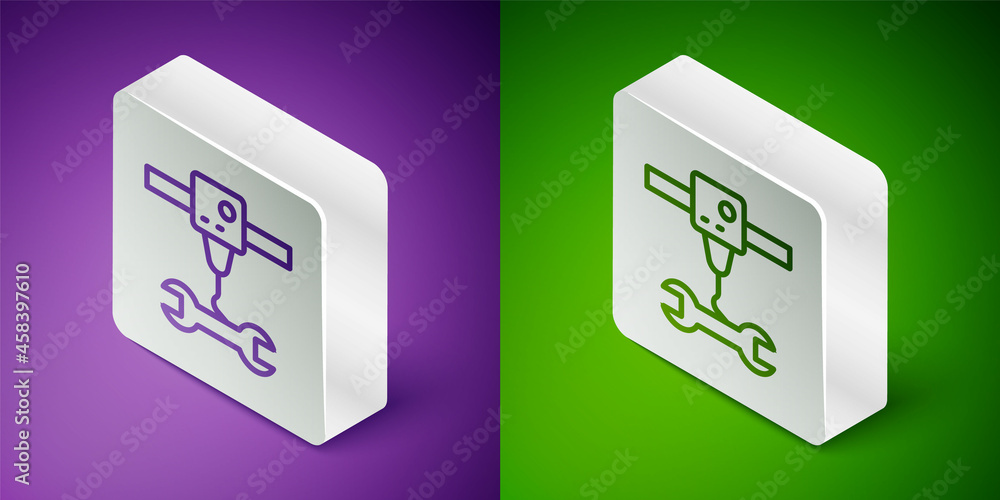 隔离在紫色和绿色背景上的等距线3D打印机扳手图标。3D打印。