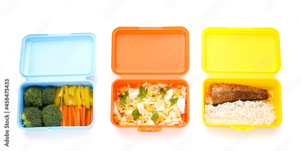 Different plastic containers with healthy food on white background