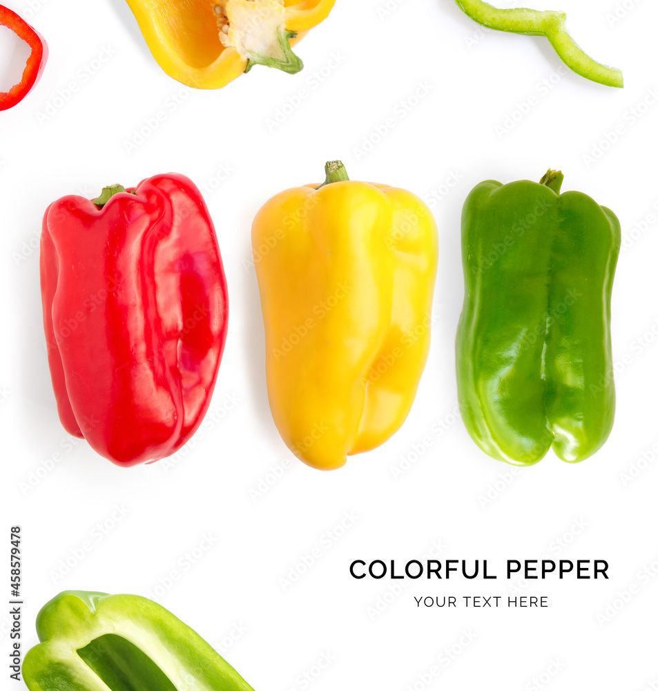 由绿色、红色和黄色胡椒制成的创意布局。平面布局。食物概念。惠伊上的彩色胡椒