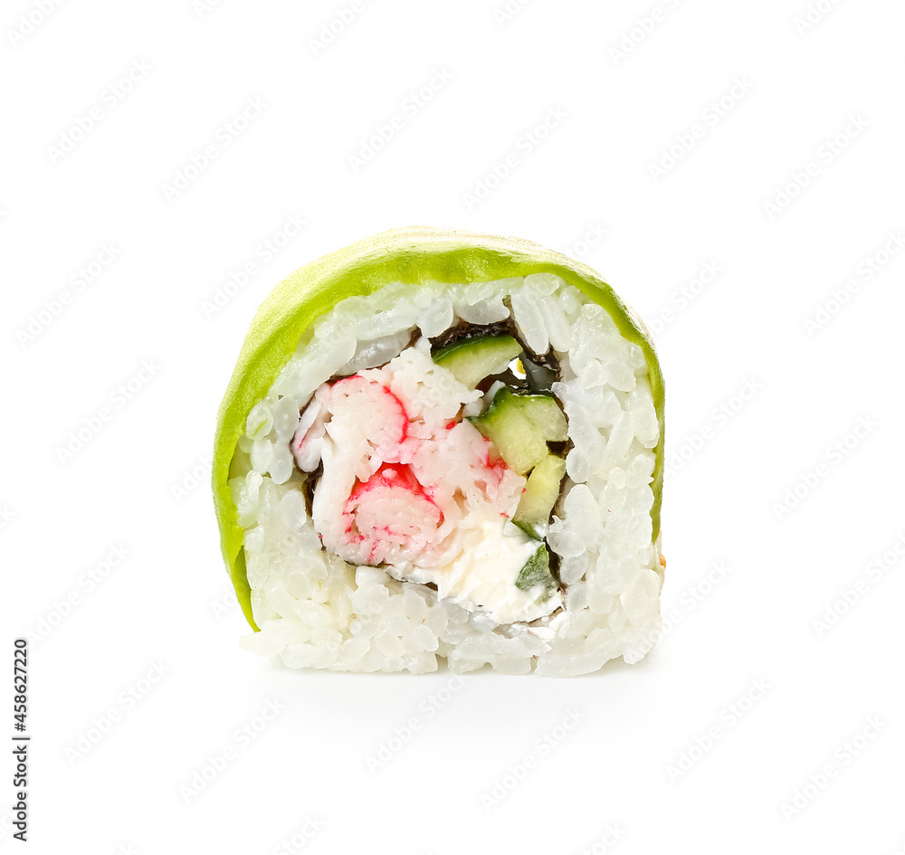 Tasty sushi roll with avocado on white background