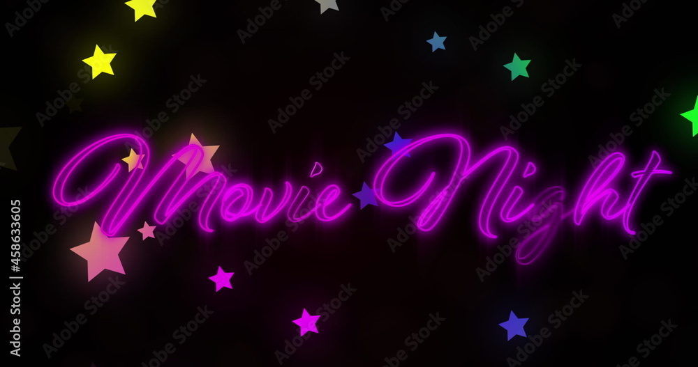 Digitally generated image of movie night neon text and multi colored stars moving against black back