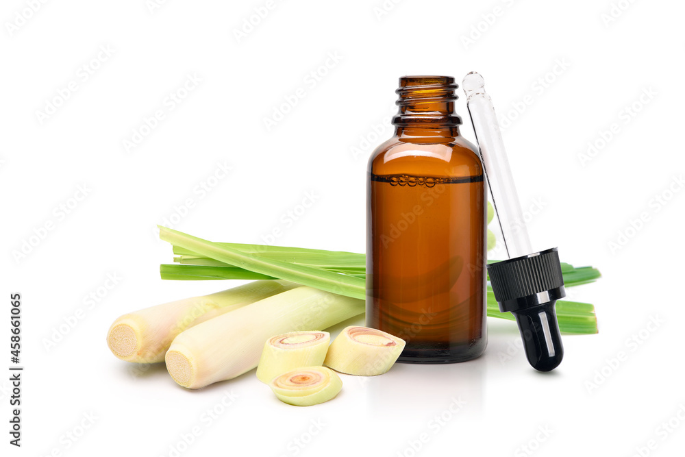 lemongrass essential oil extract in amber dropper bottle with fresh lemongrass isolated on white bac