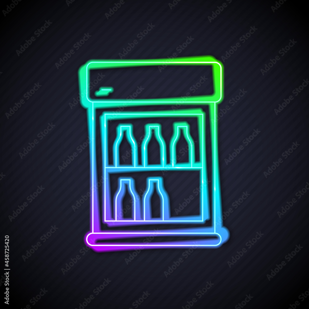 Glowing neon line Commercial refrigerator to store drinks icon isolated on black background. Perisha