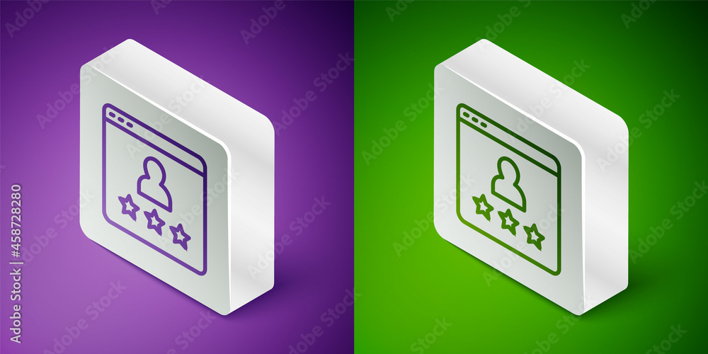 等距线消费者或客户产品评级图标，隔离在紫色和绿色背景上。Sil