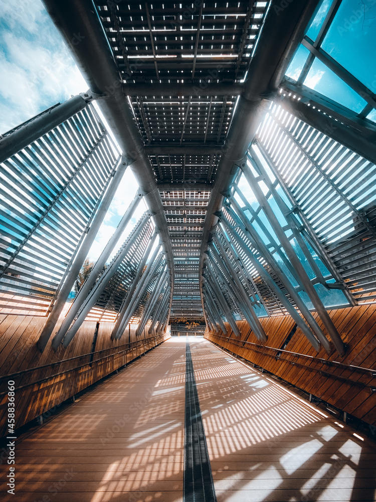 阳光下现代建筑桥梁的垂直镜头
