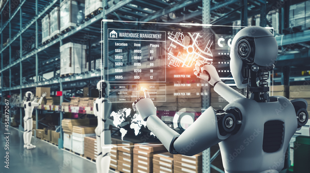 创新行业机器人在仓库工作，用于人工劳动替代。人工智能的概念