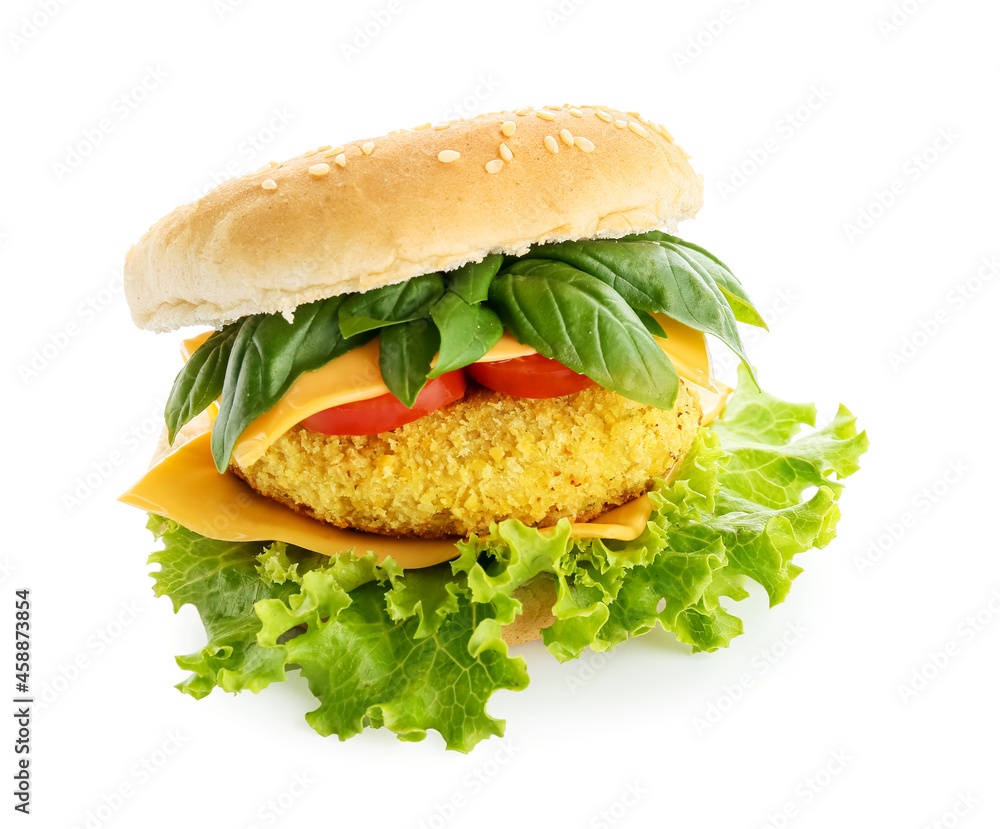 Tasty vegetarian burger on white background