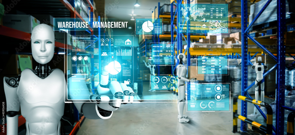 创新行业机器人在仓库工作，用于人工替代。人工智能的概念