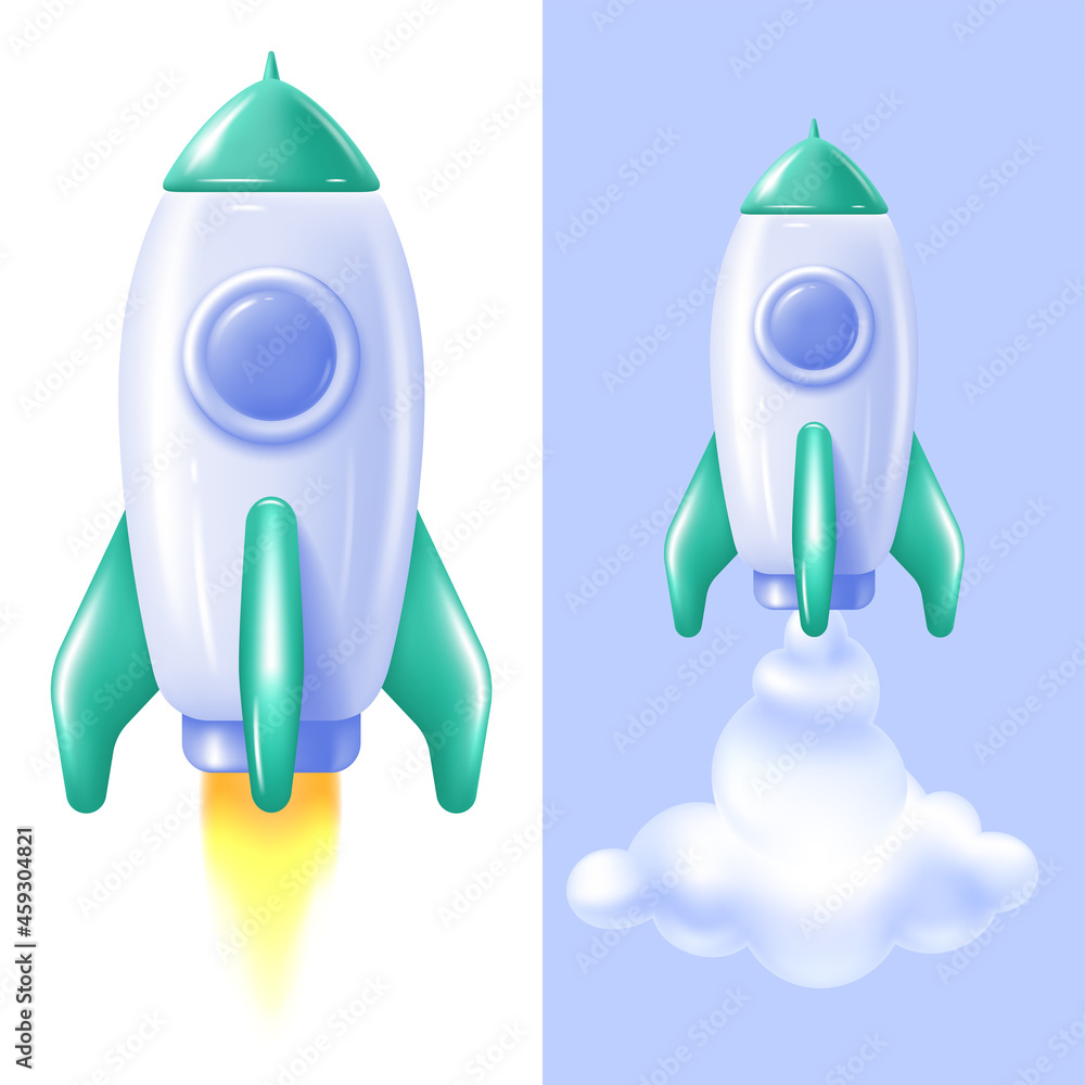 太空火箭发射和飞行。极简主义风格的三维插图。白色隔离的明亮图标。Con