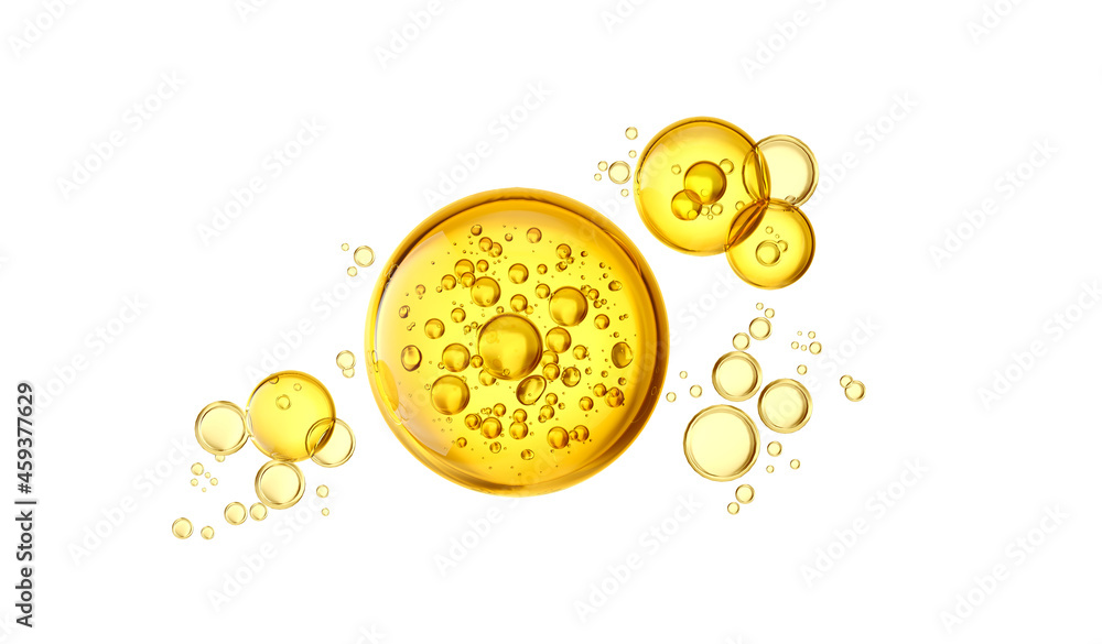 金黄色气泡油，胶原蛋白精华液，果汁，蜂蜜，啤酒，橄榄油，化妆品液体背景，