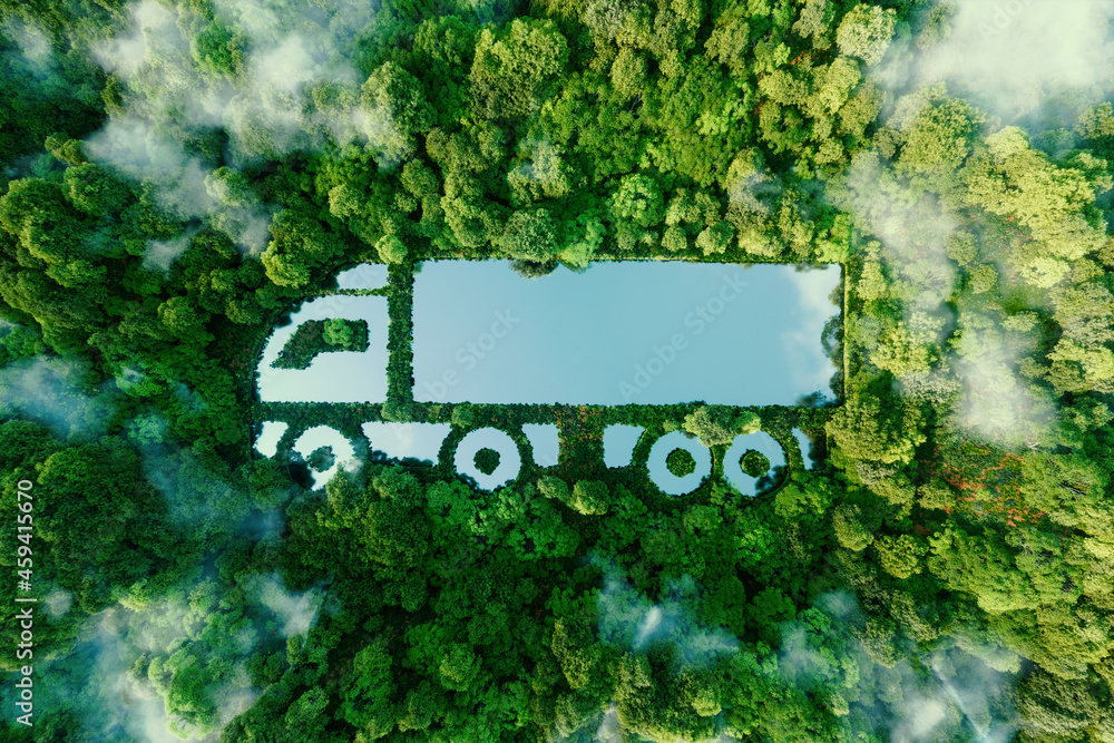 一个位于原始自然中的卡车形状的湖泊，展示了清洁、绿色的概念。