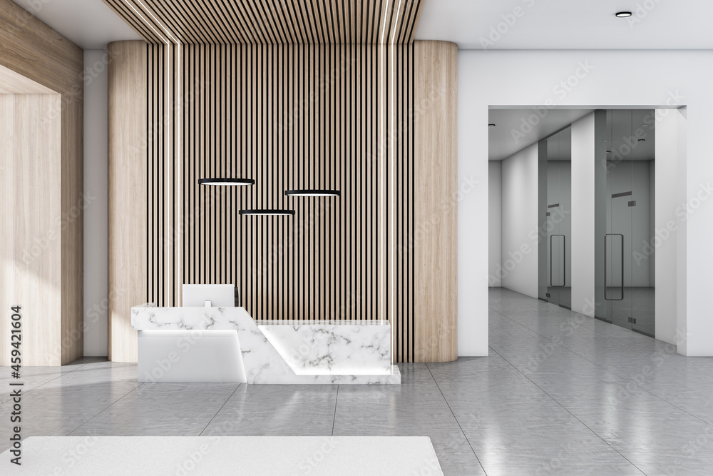 现代木制和混凝土办公室内部大厅，带接待台。工作场所设计理念。3D R