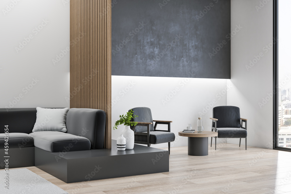 现代木制和混凝土办公室内部大厅，配有舒适的座椅、空的深色实体模型和