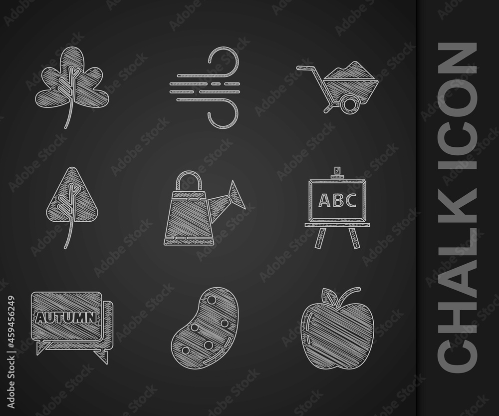 Set Watering can，Potato，Apple，Chalkboard，Speech bubble with text autumn，Leaf or leaves，Wheelba（设置水壶，