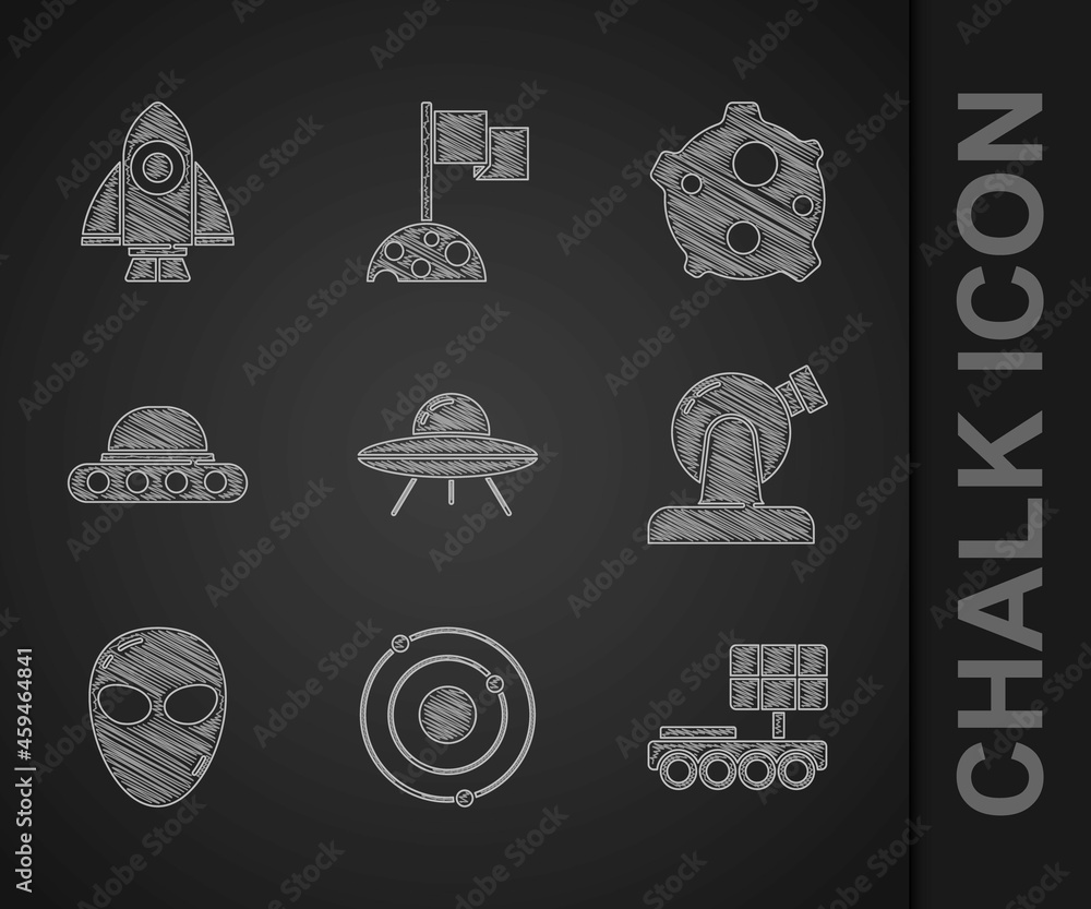 Set UFO flying spaceship, Solar system, Mars rover, Astronomical observatory, Alien, Asteroid and Ro