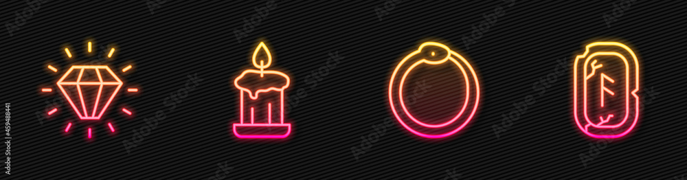 设置线Ouroboros，Diamond，燃烧的蜡烛和魔法符文。发光的霓虹灯图标。矢量