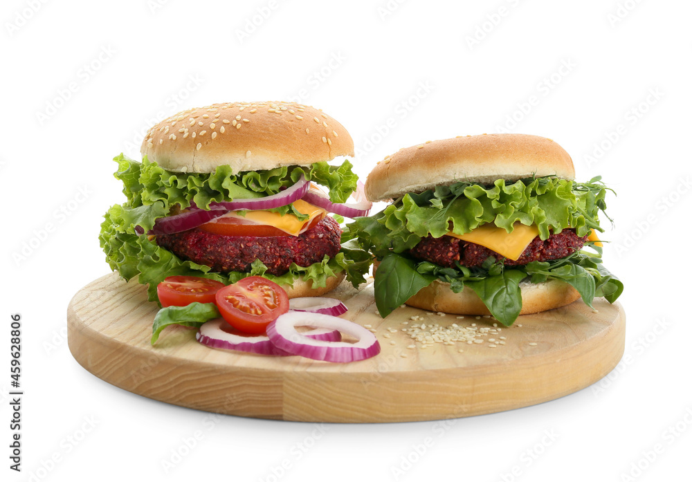 木板配白底美味素食汉堡