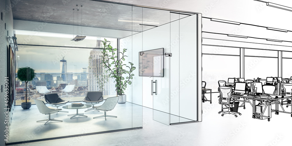 带会议区的开放式办公室（草案）-全景3D可视化