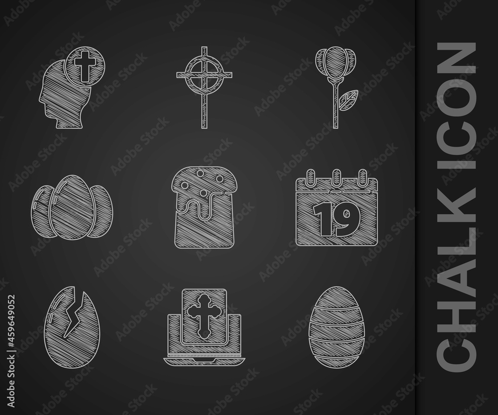 设置复活节蛋糕，笔记本电脑屏幕上的十字架，鸡蛋，带快乐的日历，破碎的，鸡蛋，郁金香花