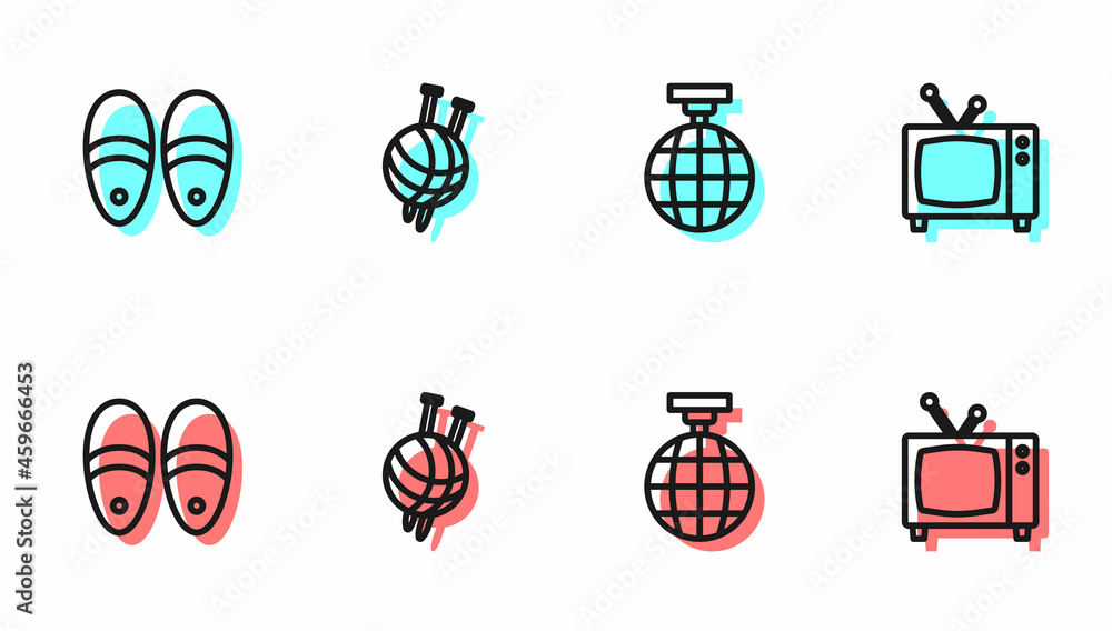 Set line Disco ball, Slippers, Yarn with knitting needles and Retro tv icon. Vector