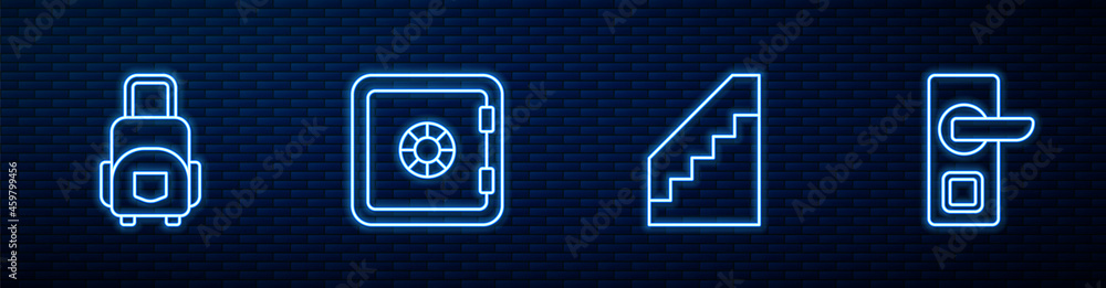 Set line Stairs, Suitcase, Safe and Digital door lock. Glowing neon icon on brick wall. Vector