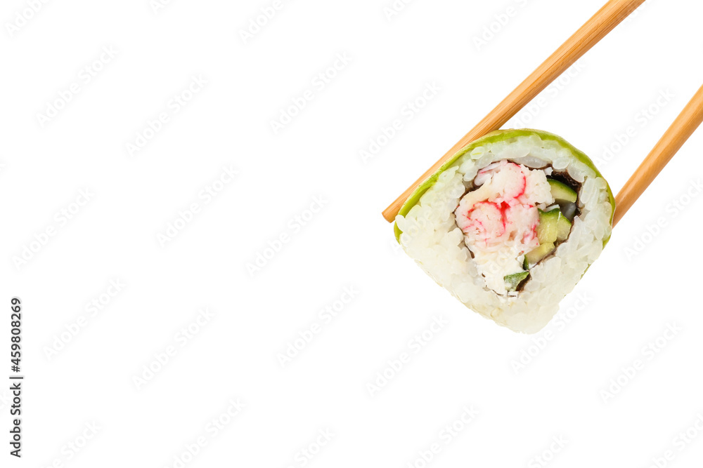 筷子取美味的白底鳄梨寿司卷
