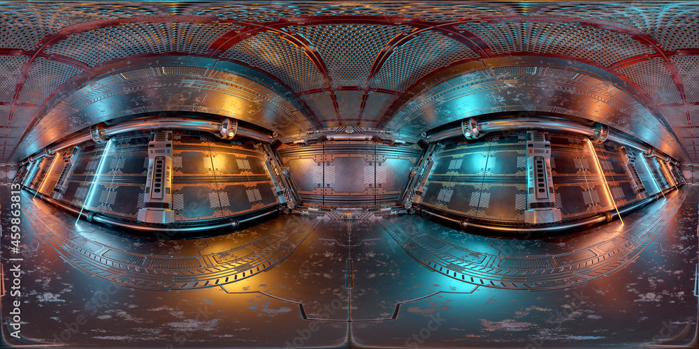 HDRI panoramic view of dark blue orange spaceship interior. High resolution 360 degrees panorama ref