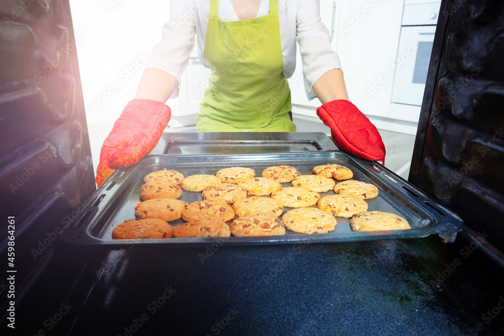 托盘里有新鲜出炉的饼干和女人的手