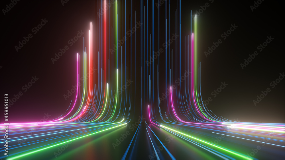 3d渲染，抽象背景，彩色霓虹灯线条上升，带有las的虚拟现实壁纸