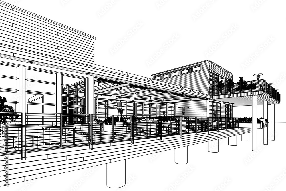 度假村露台餐厅区域（草图）-三维建筑可视化