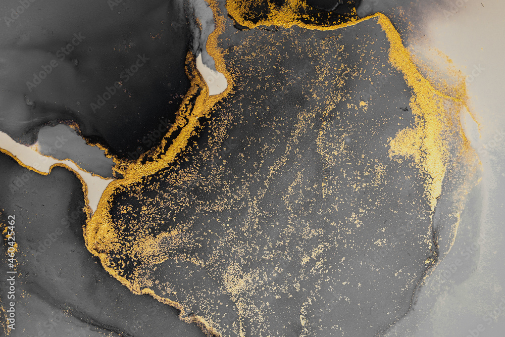 纸上大理石液体水墨艺术画的暗金色抽象背景。原始艺术品的图像