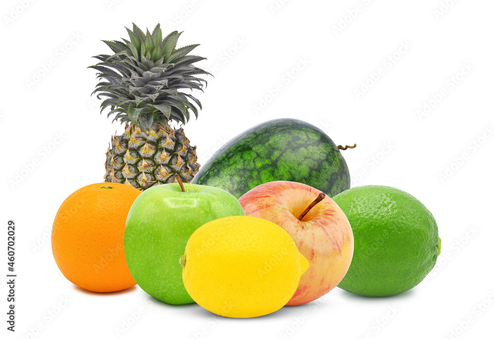 热带水果全新鲜菠萝、西瓜、橙色、绿色和红色黄色苹果、青柠、柠檬i