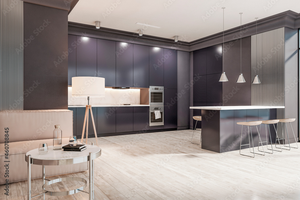 现代黑色工作室厨房内部，木地板和阳光。3D渲染。