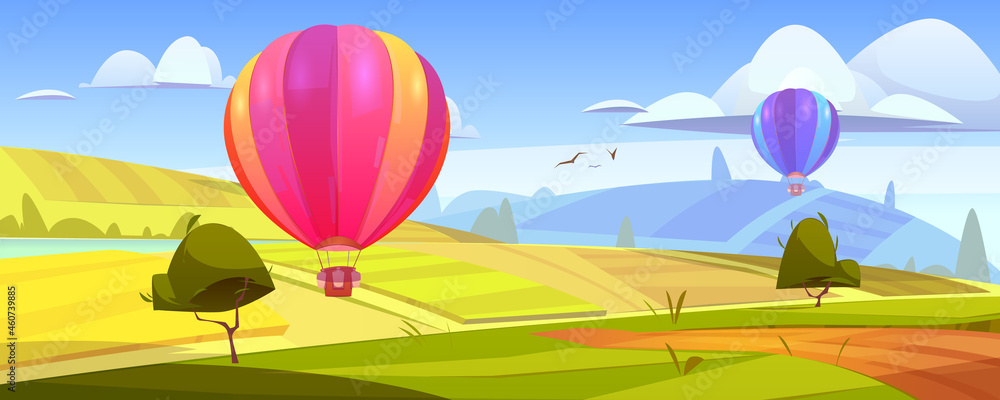 夏季景观，有飞行的热气球、绿地、河流和道路。矢量卡通插图