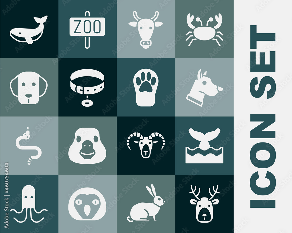 设置鹿角鹿头、海浪中的鲸鱼尾巴、狗、牛、项圈标签和爪印图标。