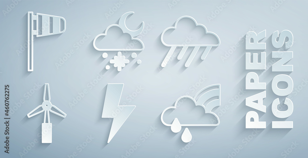 Set Lightning bolt, Cloud with rain, Wind turbine, Rainbow cloud and, snow sun and Cone windsock win