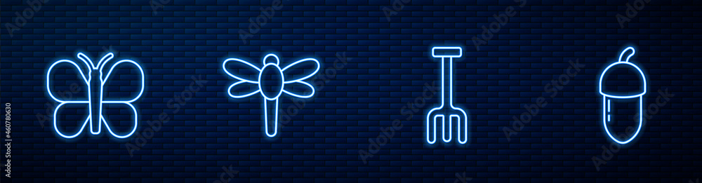 设置花园耙子、蝴蝶、蜻蜓和橡子。砖墙上闪闪发光的霓虹灯图标。矢量