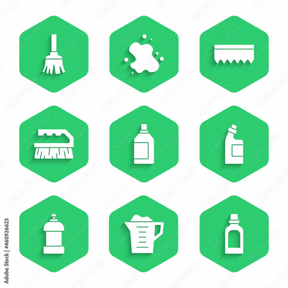 Set Bottle for cleaning agent, Washing powder, Brush, Sponge and Feather broom icon. Vector