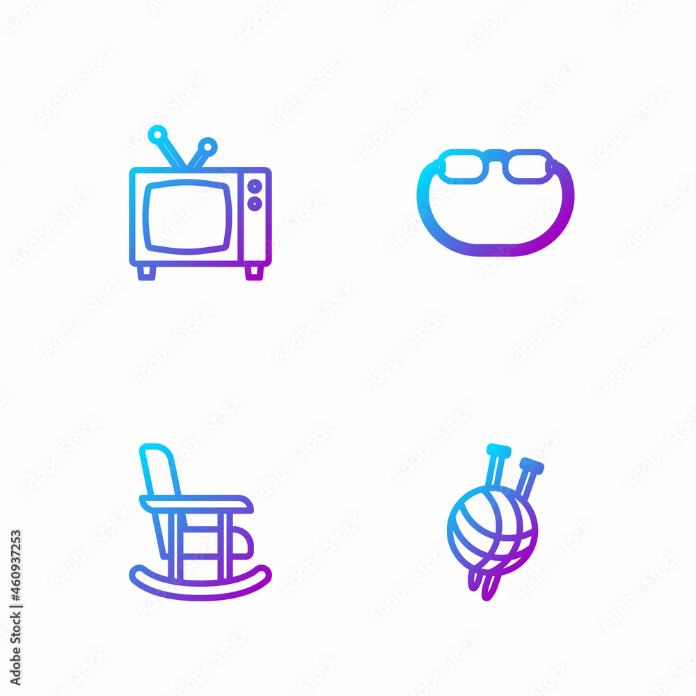 带针织针的定线纱线球，摇椅，复古电视和眼镜。渐变色ico
