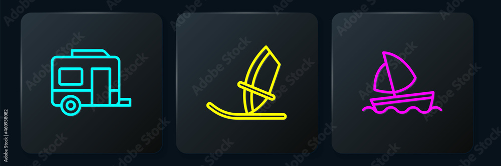 Set line Rv Camping trailer, Yacht sailboat and Windsurfing. Black square button. Vector