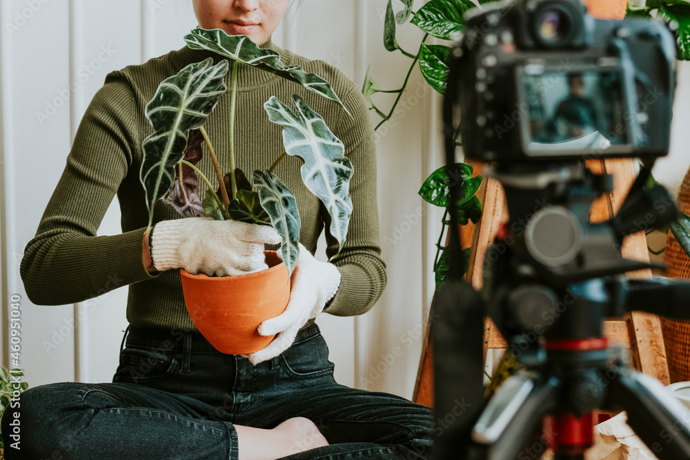 Plant blogger filming a video of herself planting