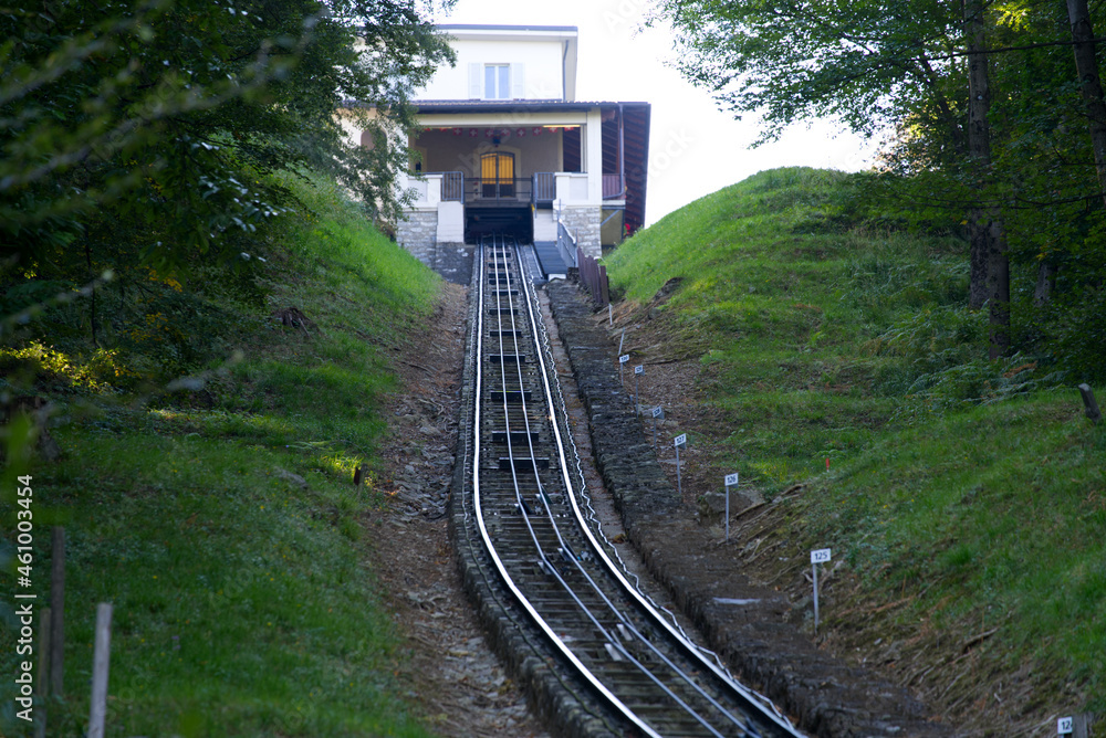Funicular from City of Lugano to Mountain Monte Brè on a late summer morning. Photo taken September 