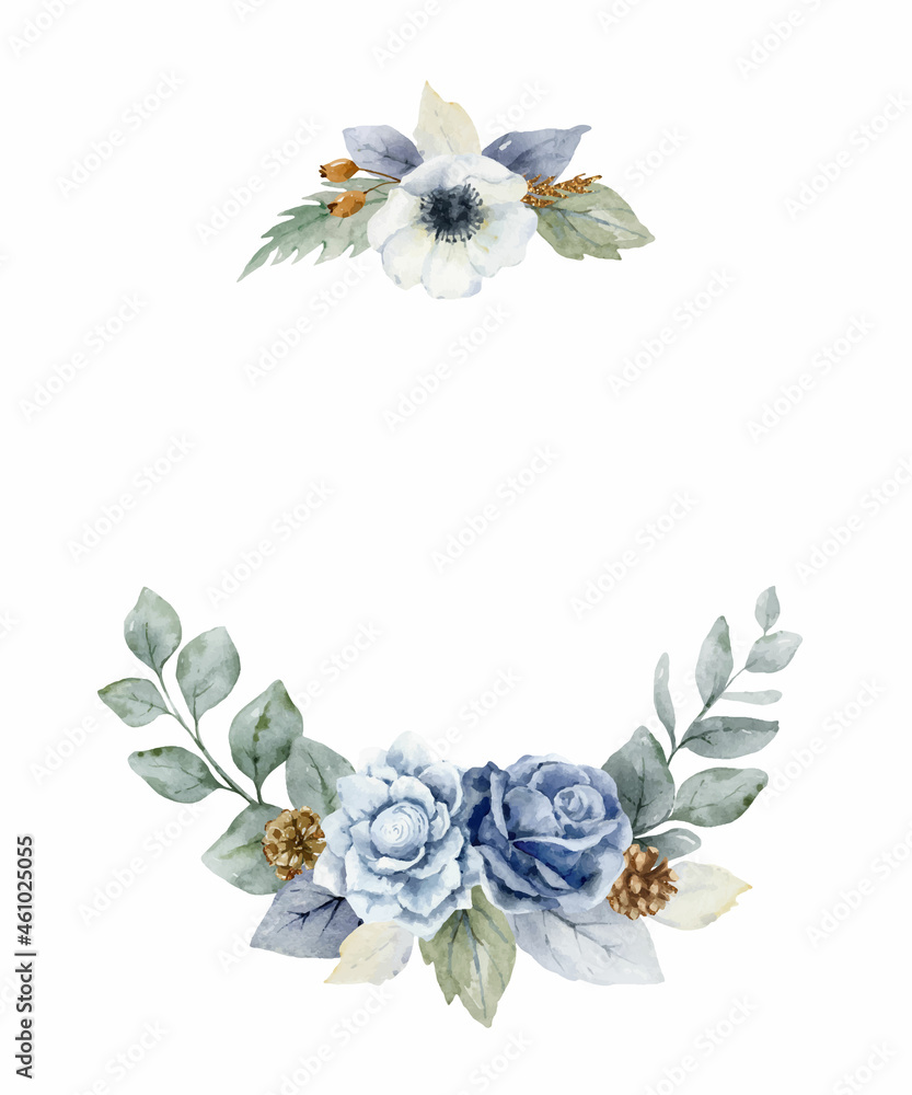 一个水彩矢量圣诞花环，上面有尘封的蓝色花朵和树枝。