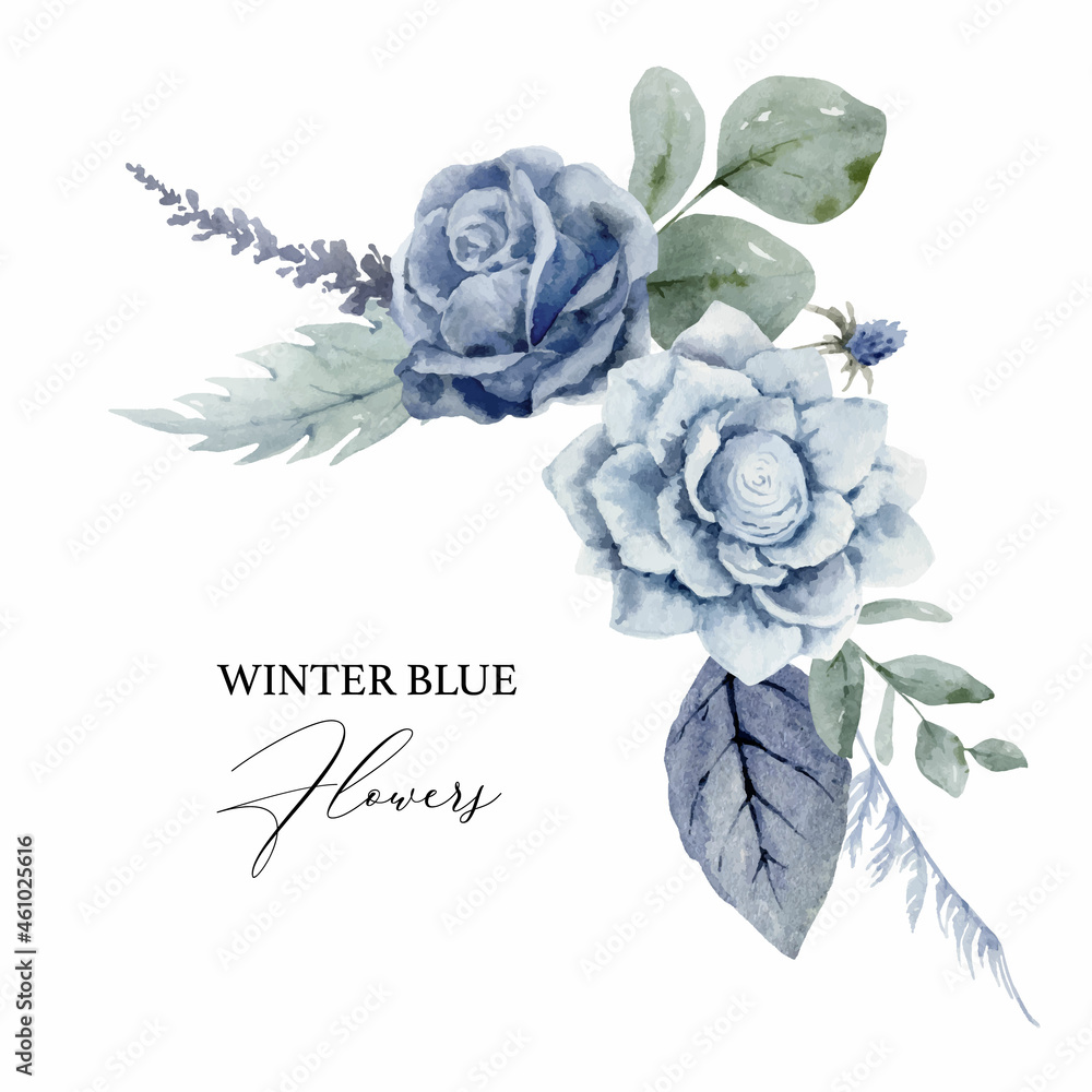 一个水彩矢量冬季花环，上面有尘封的蓝色花朵和树枝。