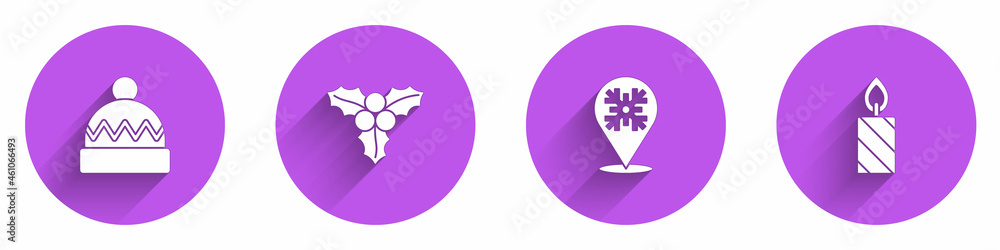 Set Winter hat, Branch viburnum, Snowflake and Burning candle icon with long shadow. Vector